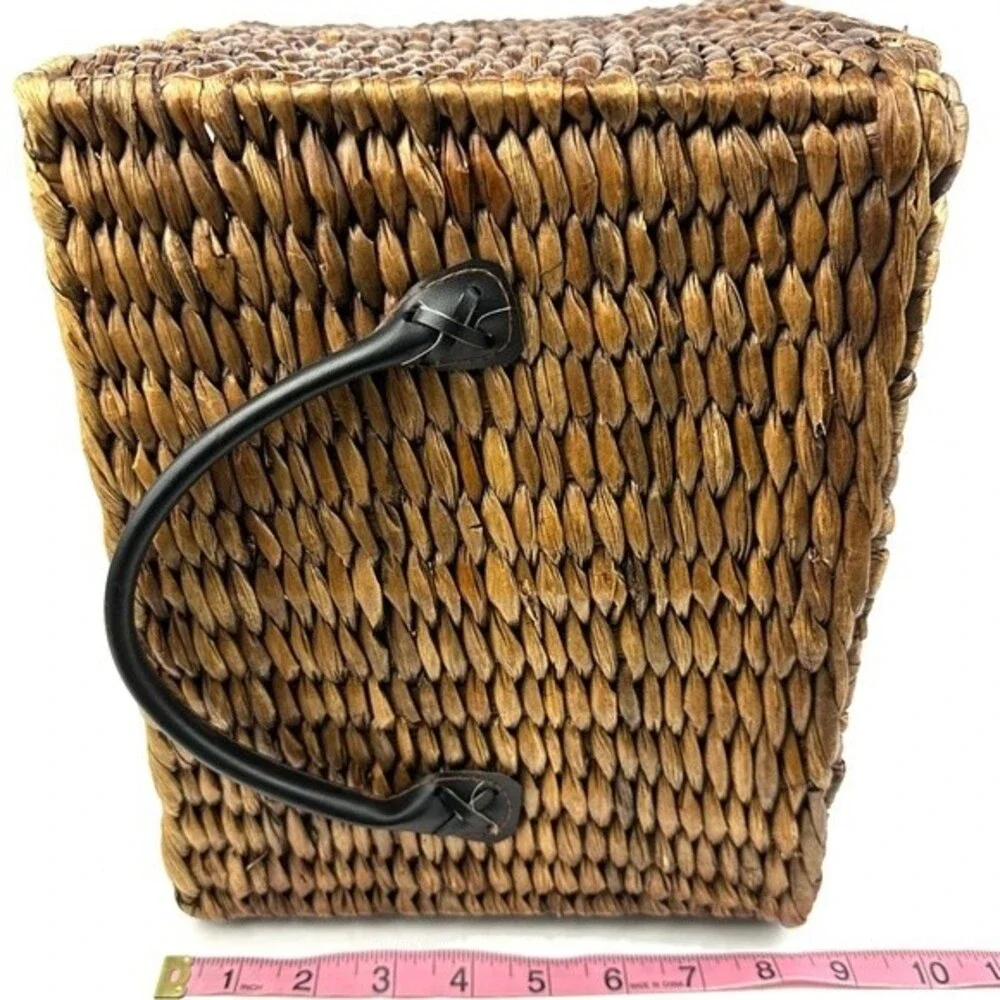 Square Brown Wicker Basket with Leather Handles 10.5” x 8.5”